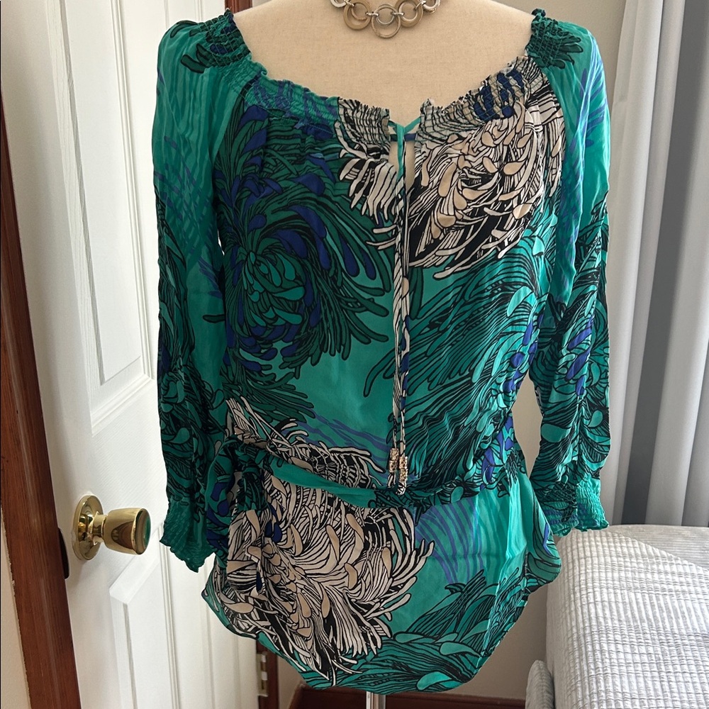 White House Black Market Silk Teal and Navy Floral Peasant Tunic